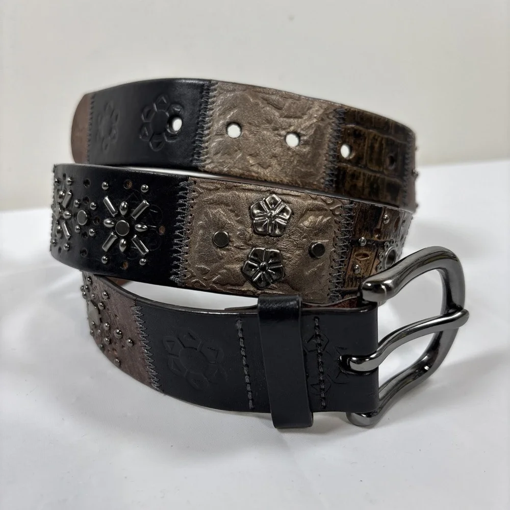 VTG Fossil Leather Belt Patchwork Sz L Floral‎ Studded Cowhide Tooled Y2K Artsy